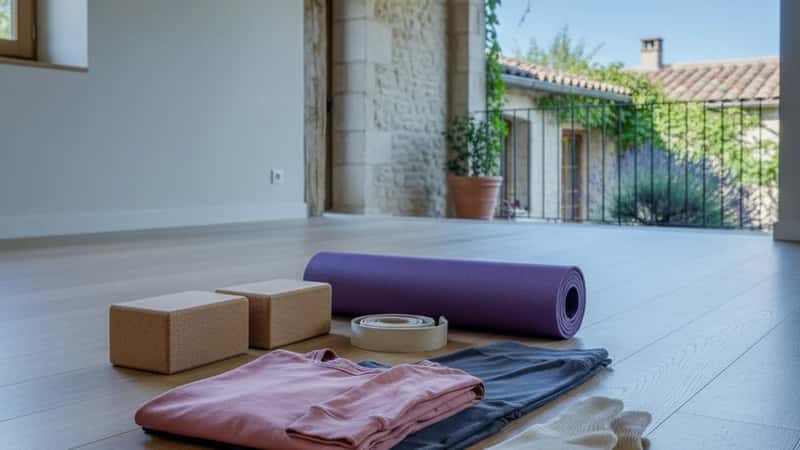 Yoga-Ausrüstung für Anfänger: Matte, Blöcke, Gurt und bequeme Kleidung auf Holzfußboden