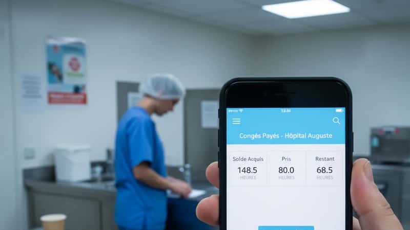Healthcare worker checking their earned paid leave balance on a smartphone in an Augusta Maine hospital break room, cold fluorescent lighting