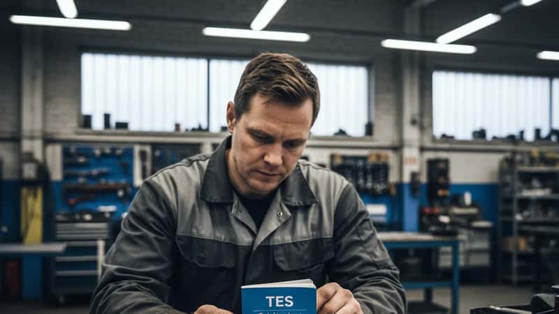 Autokorjaamon mekaanikko tutkii TES-sopimuskirjaa metallipenkin äärellä, taustalla nostimella oleva ajoneuvo