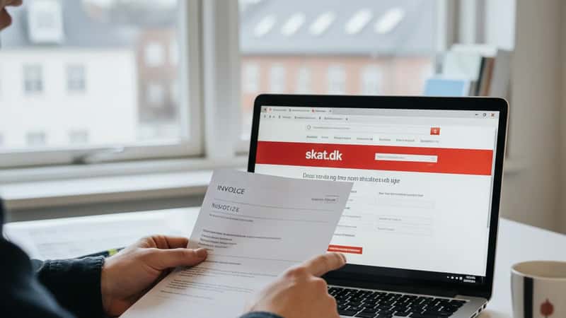 Dansk kvinde gennemgår renovationstilbud og skattefradragsdokumentation ved et egetræsbord i et Odense rækkehus