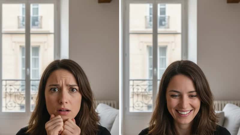 Femme française illustrant le concept de clivage psychologique — deux expressions contradictoires simultanées, appartement lyonnais, lumière naturelle