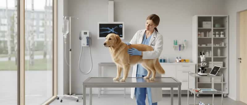 Veterinär undersöker en golden retriever på ett undersökningsbord i en modern svensk djurklinik
