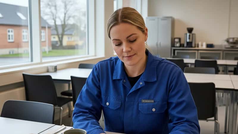 Specialarbejder i Viborg kommunal kantine gennemgår arbejdstidsplan fra overenskomsten i frokostpause