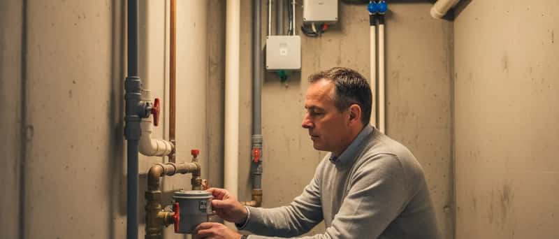 Propriétaire vérifiant le compteur d'eau dans un local technique d'appartement français