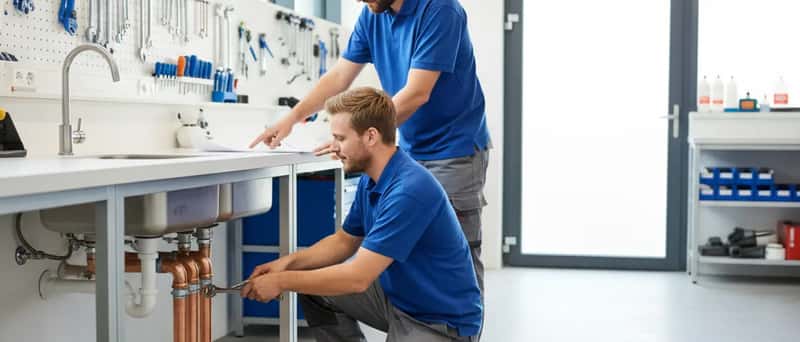 Plombier français examinant des tuyaux en cuivre sous un évier de cuisine dans un appartement parisien