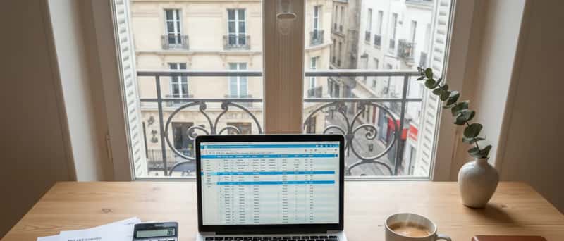 Skrifborð með fjármálaskjölum, fartölvu sem sýnir töflureikni og reiknivél í skandinavísku heimaskrifstofu