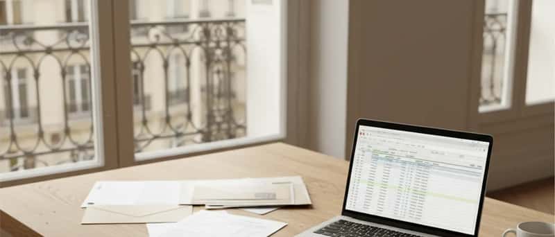 Steuerunterlagen und Laptop auf einem Holzschreibtisch in einer österreichischen Steuerberatungskanzlei