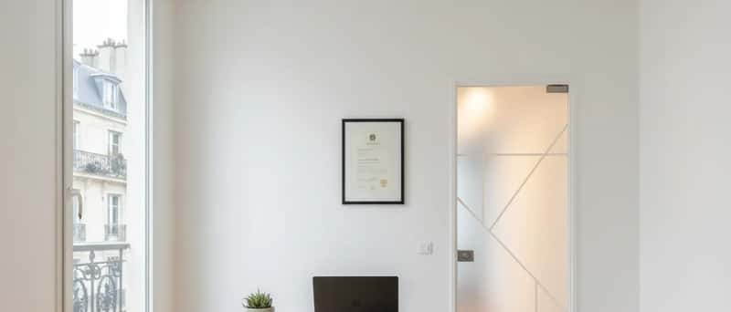 Moderner Empfangsbereich einer österreichischen Steuerberatungskanzlei mit Holzmöbeln und Zertifikat an der Wand