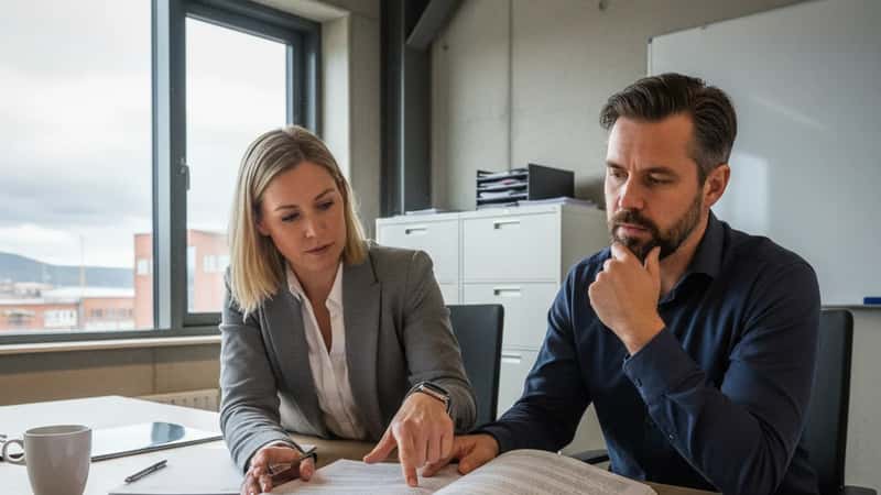 Tillitsvalgt i Trondheim industribedrift diskuterer arbeidstidsbestemmelser med HR-leder