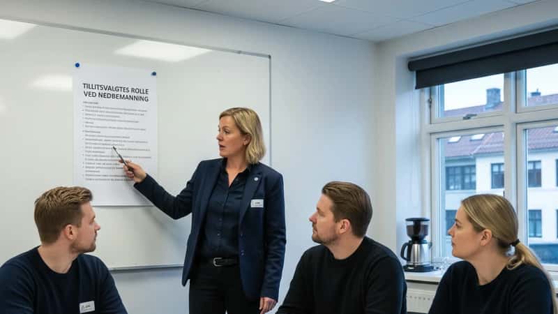 Tillitsvalgt presenterer nedbemanning-sjekkliste på møterom i Bergen