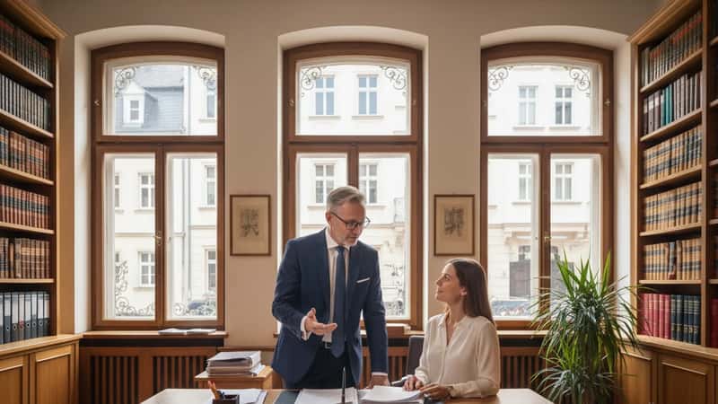 Mietrechtsanwalt berät eine Mandantin in einer Altbau-Kanzlei in Düsseldorf