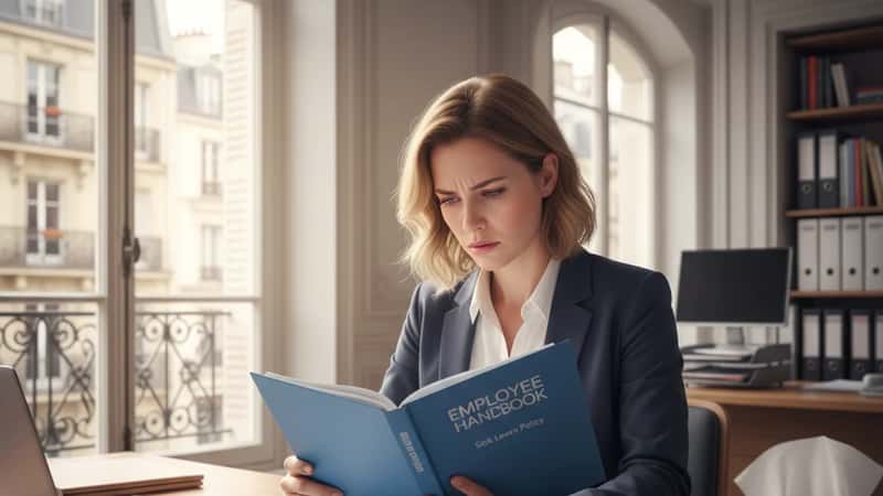 Office worker in St. Louis Missouri reviewing employee handbook sick leave policy page at desk