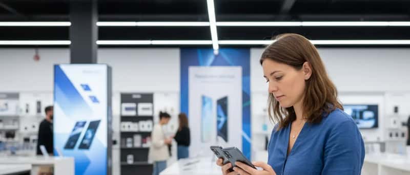 Cliente italiana confronta due smartphone sul bancone di un negozio di elettronica