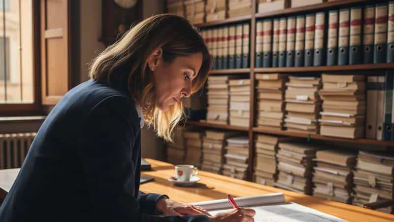 Avvocata del lavoro italiana annota un contratto collettivo nel suo studio di Bologna