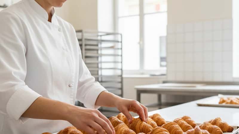 Pâtissière arrangeant des croissants sur une plaque dans la cuisine d'une pâtisserie parisienne, lumière naturelle matinale