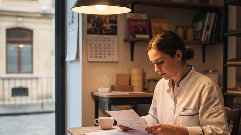 Apprentie boulangère lisant un contrat de travail à une table dans la salle de pause d'une boulangerie à Bordeaux