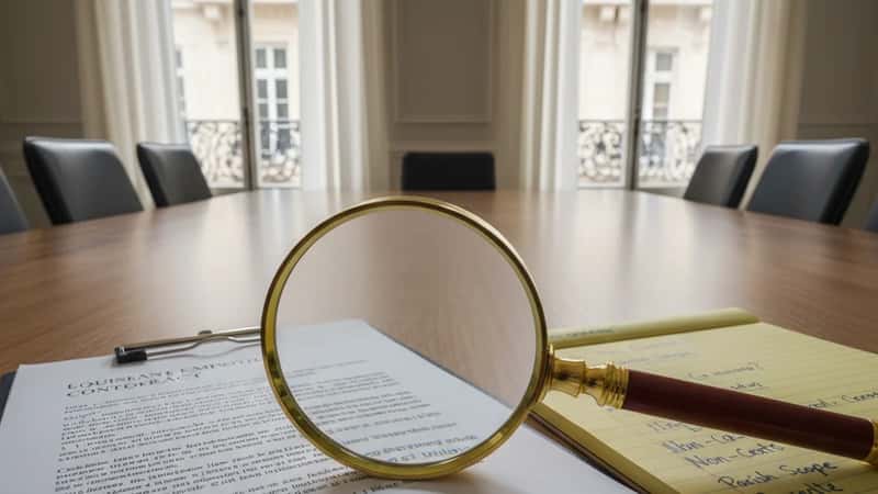 Louisiana employment contract on conference table with magnifying glass over geographic restriction clause in Lake Charles law office