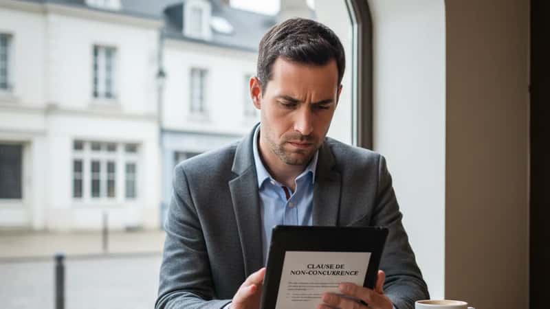 Sales professional reading non-compete clause on tablet with concern in a Shreveport coffee shop