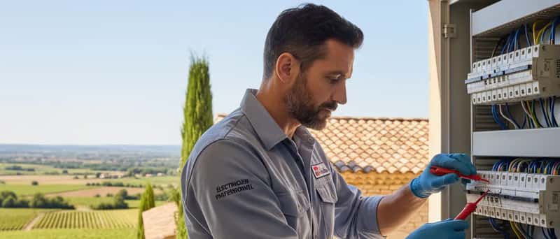 Mani di un elettricista con guanti protettivi che ispezionano un quadro elettrico residenziale in un appartamento italiano