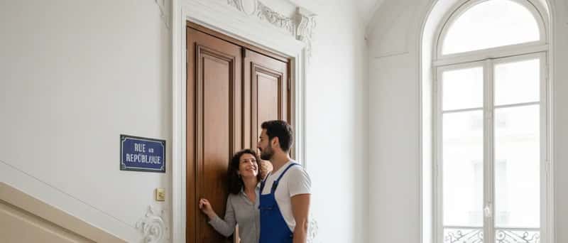 Elettricista italiano in tuta da lavoro con borsa degli attrezzi che arriva alla porta di un appartamento