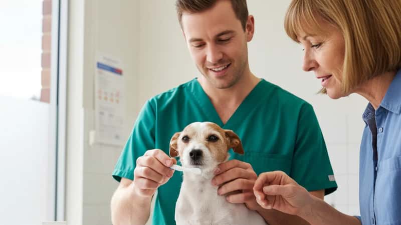 A vet nurse demonstrating tooth brushing technique on a small dog to a pet owner in a Sydney veterinary clinic consultation room
