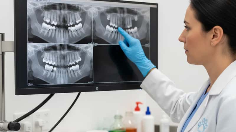 Dental radiograph X-ray images of dog teeth on a monitor in a modern Perth veterinary clinic