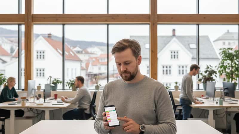 Norsk ansatt i Bergen sjekker fleksibel arbeidsplan på telefon ved ståpult i moderne kontorlandskap