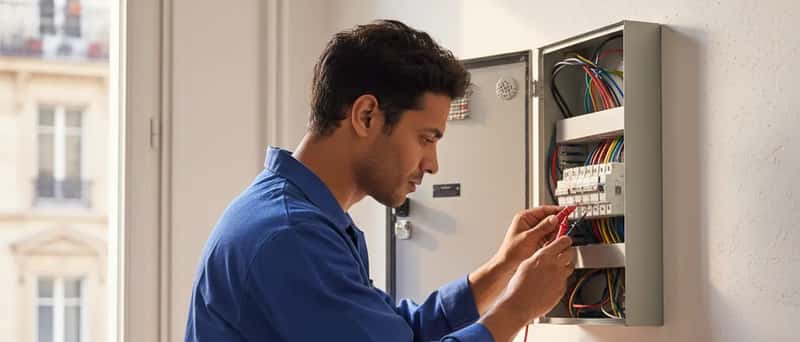 Eletricista brasileiro testando fiação em painel de disjuntores residencial com equipamento de medição