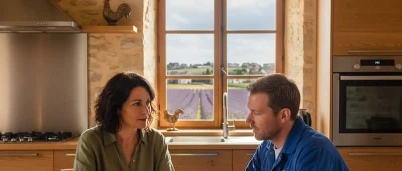 Proprietária brasileira analisando orçamento de serviço elétrico com eletricista em cozinha residencial