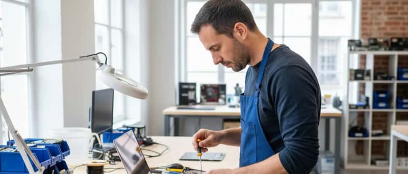 Computertekniker udskifter en harddisk i en bærbar computer på et dansk værksted