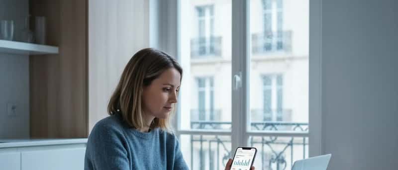 Dansk kvinde sammenligner reparationstilbud på sin telefon ved køkkenbordet