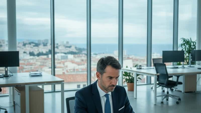 Conseiller financier consultant des graphiques de placements sur ordinateur dans un bureau à Marseille