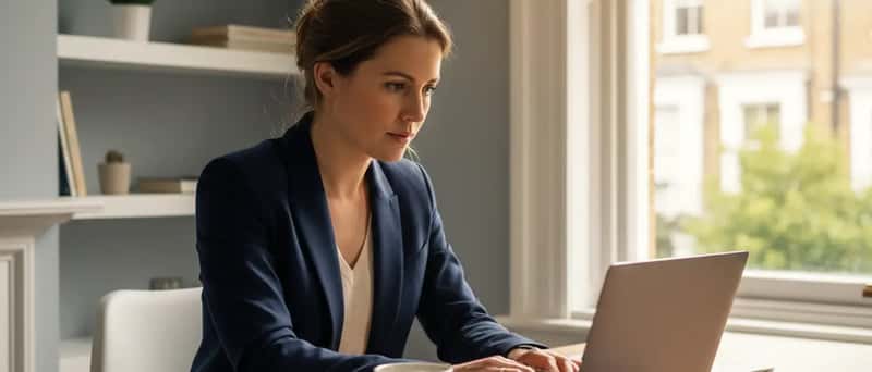 Business owner reviewing financial documents on a laptop in a British townhouse home office with natural light