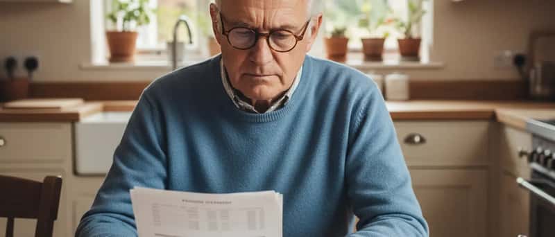 Older British man reviewing pension statements at a kitchen table with reading glasses and a cup of tea
