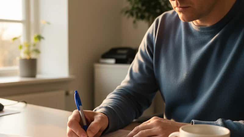 Dansk statsansat skriver på en udskrevet vagtplan ved et ordenligt skrivebord på et offentligt kontor i Odense, kaffe og lys fra vinduet