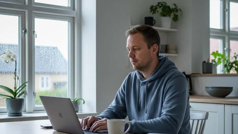 Dansk statsansat i hjemmearbejde ved køkkenbordet med laptop i et skandinavisk interiør i Roskilde, grå dagslys og regn på vinduet