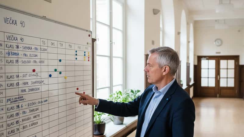 Rektor pekar på veckoschema för lärare på whiteboard i skolkorridor i Göteborg