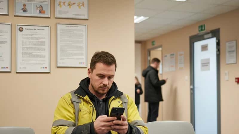 Byggnadsarbetare i väntrummet på Byggnads avdelningskontor, läser information på sin telefon om anställningsskydd