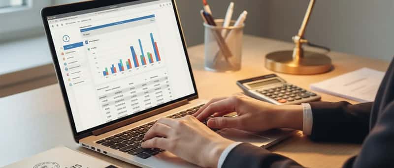 Comptable analysant des documents financiers sur un bureau avec ordinateur portable et tableur imprimé