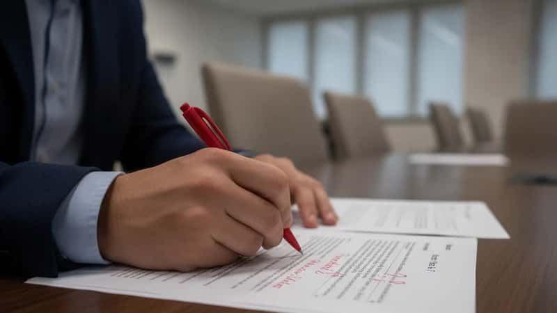 Mains professionnelles annotant les clauses d'un contrat de prestation IT à Lyon, notes manuscrites sur les articles de réversibilité et de résiliation