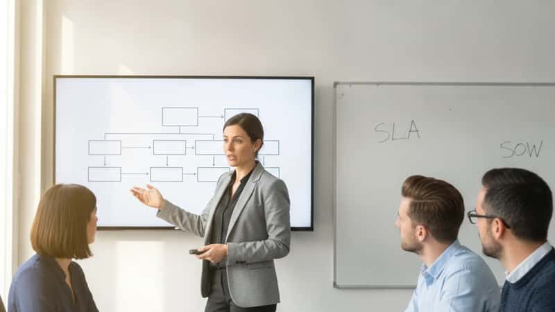Responsable informatique présentant un schéma de gouvernance contractuelle à son équipe dans un bureau lyonnais