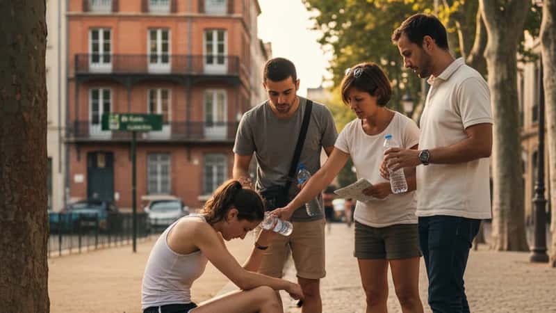 Coureur épuisé assis sur un trottoir d'un parc à Toulouse, aidé par des passants avec de l'eau