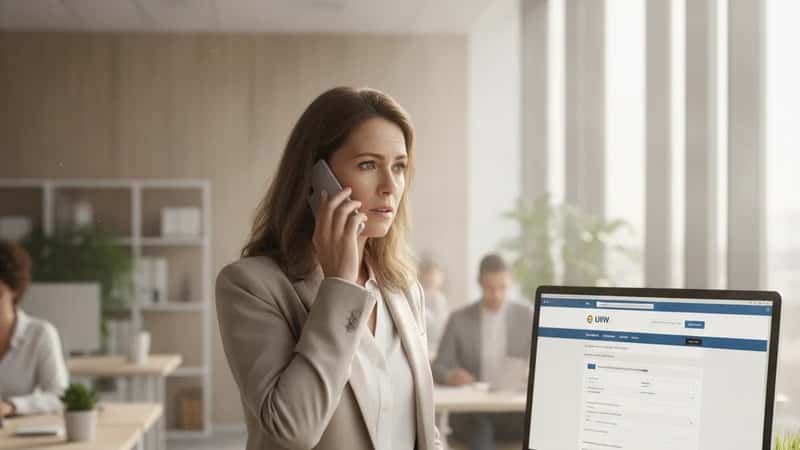 Nederlandse HR-manager in Utrecht belt met UWV terwijl ze de vaststellingsbeschikking op haar scherm bekijkt
