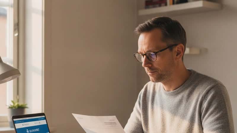 Svensk man i 40-årsåldern vid ett hemmakontor i Malmö granskar en Skatteverket-faktura på ett bärbart tangentbord, fokuserat uttryck i eftermiddagsljus