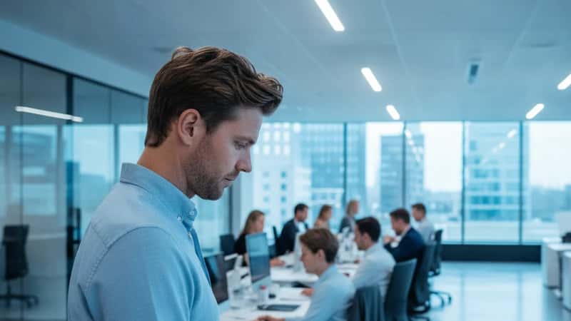 Nederlandse professional controleert contractdata op laptop in een open kantooromgeving in Amsterdam
