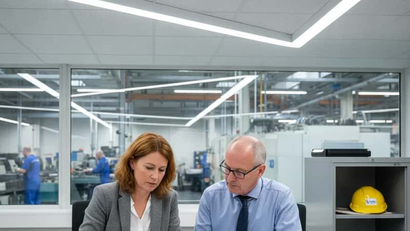 HR-manager en bedrijfsjurist in een kantoorruimte naast de productievloer in Eindhoven, bezig met het doornemen van re-integratiedocumenten en een verzekeringsdossier na een bedrijfsongeval