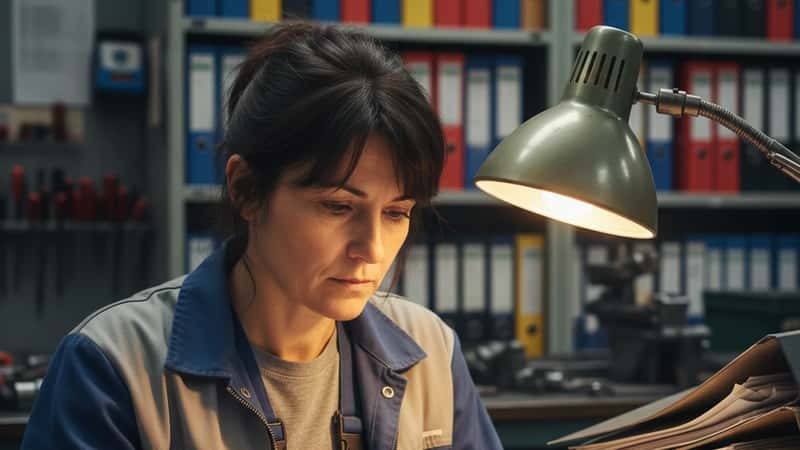 Salariée de l'industrie métallurgique parisienne vérifiant une fiche de paie à son bureau d'atelier