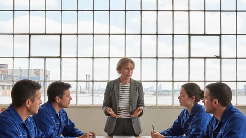 Réunion syndicale dans une salle de réunion d'usine de la Seine-Saint-Denis, délégué et salariés autour d'une convention collective