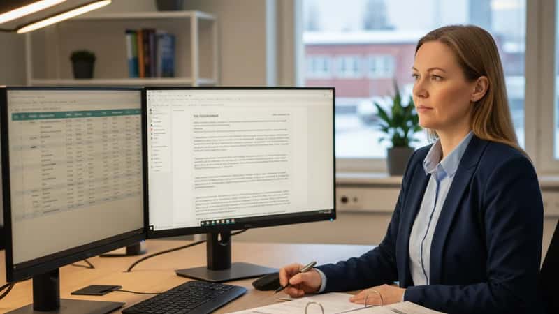 Suomalainen HR-johtaja tarkastelee palkkausjärjestelmätaulukoita ja TES-dokumentteja Valkeakoskella