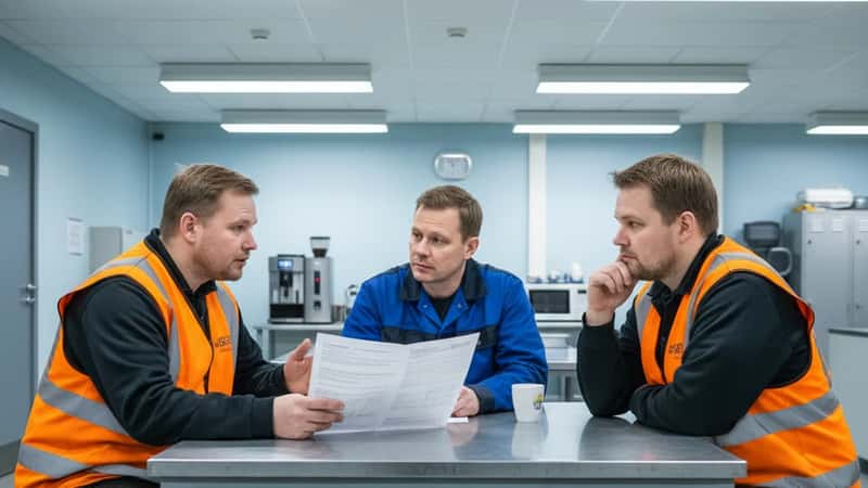 Paperiteollisuuden työntekijät keskustelevat palkka-asioista luottamusmiehen kanssa tehtaan taukotilassa Kotkassa